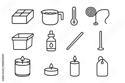 Candle Making Icons. Outline icon set of candle making: wax block, melting pot, thermometer, wick roll, mold,