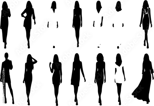 Set of stylish abstract women in dress. Collection of diversity elegant faceless female. Modern minimal vector illustration isolated on white background.
