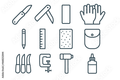 Carving Kit Icons. Outline icon set of portable carving kit: pocket knife, folding blade, sharpening stone,