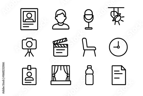Casting Session Icons. Outline icon set of casting session scheduling: audition sheet, headshot photo,