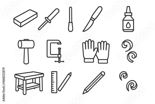 Carving Tools Icons. Outline icon set of sharpening carving tools: sharpening stone, honing rod, carving knife
