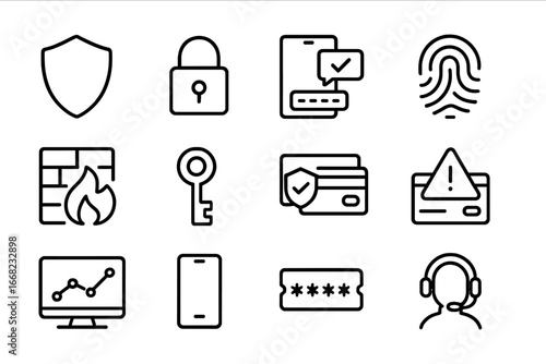 Cashless Payment Security Icons. Outline icon set of cashless payment security: shield icon, lock icon,