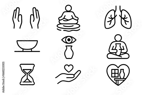 Ceramic Mindfulness Icons. Outline icon set of ceramics and mindfulness: slow hands, meditative spin, breath