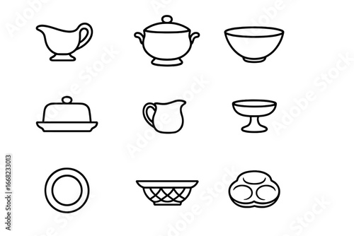 Ceramic Serveware Icons. Outline icon set of ceramic serveware: gravy boat, soup tureen, salad bowl, serving