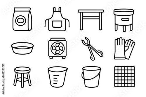 Ceramic Studio Tools. Outline icon set of working in a ceramic studio: clay bag, potter’s apron, workbench,