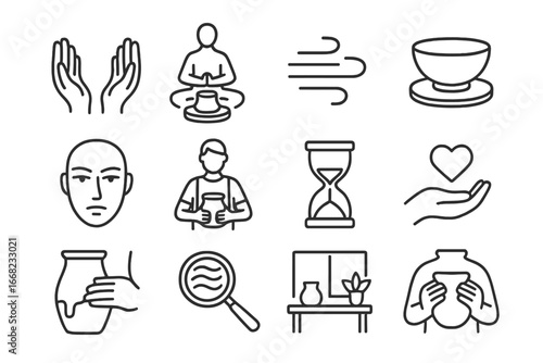 Ceramic Mindfulness Icons. Outline icon set of ceramics and mindfulness: slow hands, meditative spin, breath