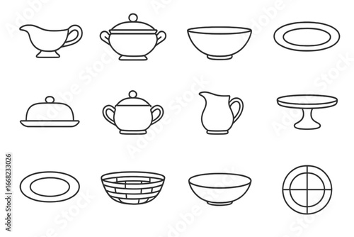 Ceramic Serveware Icons. Outline icon set of ceramic serveware: gravy boat, soup tureen, salad bowl, serving