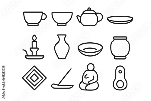 Ceramic Ware Icons. Outline icon set of types of ceramic ware: cup, bowl, teapot, platter, candle holder, vase
