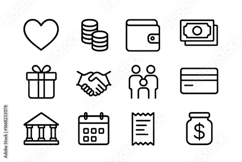 Charity Icon Set. Outline icon set of charity and family aid: heart, coins, wallet, banknotes, gift box,