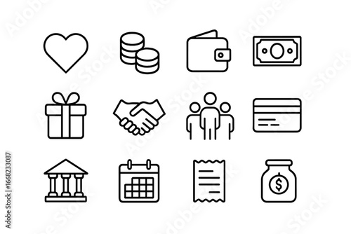Charity Icon Set. Outline icon set of charity and family aid: heart, coins, wallet, banknotes, gift box,