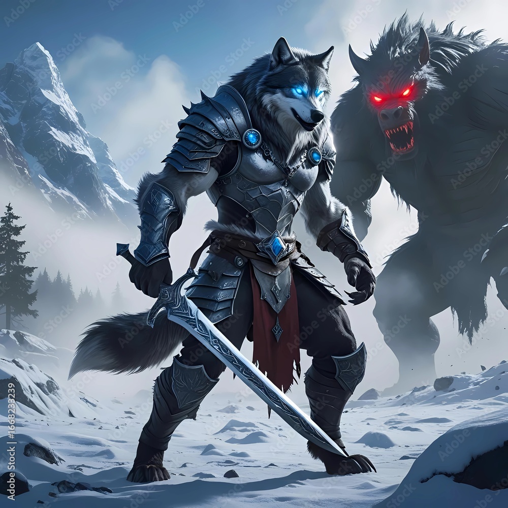 Obraz premium Epic Fantasy Wolf Warrior: Snowy Mountains, Dark Werewolf Threat, Dramatic Showdown.