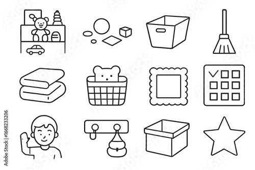 Children's Room Cleanup Icons. Outline icon set of children’s room cleanup: toy shelf, floor mess, storage bin