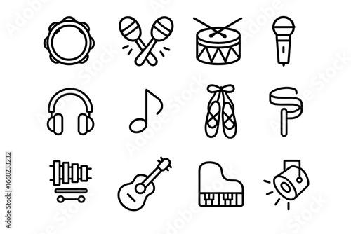 Children's Music Icons. Outline icon set of children’s music and dance: tambourine, maracas, drum, microphone,