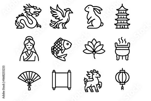 Chinese Mythology Icon Set. Outline icon set of Chinese mythology tales: dragon, phoenix, jade rabbit, pagoda,