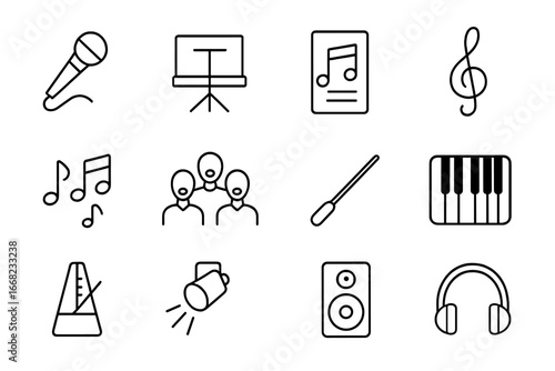 Choral Icon Collection. Outline icon set of choral and vocal creativity: microphone, music stand, sheet music,
