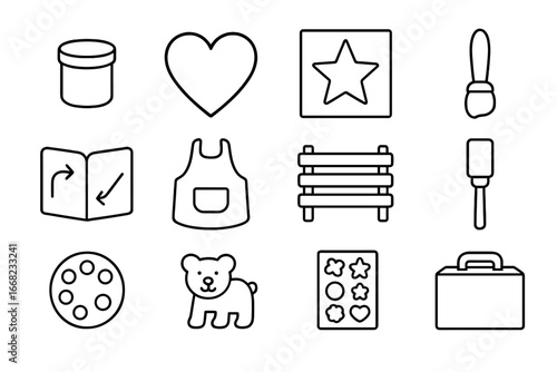 Children's Painting Kit Icons. Outline icon set of children’s wood painting kits: paint pot, wooden shape,