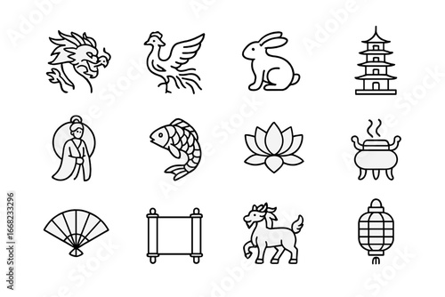 Chinese Mythology Icon Set. Outline icon set of Chinese mythology tales: dragon, phoenix, jade rabbit, pagoda,