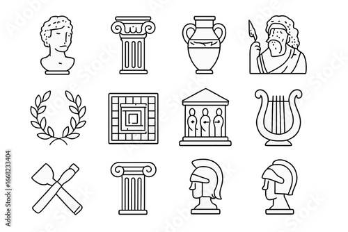 Classical Art Icons. Outline icon set of Greek and Roman art: marble bust, Corinthian column, amphora vase,