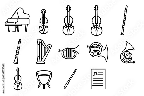Classical Instruments Icons. Outline icon set of classical music instruments: grand piano, violin, cello,