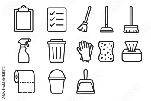 Classroom Cleaning Icons. Outline icon set of classroom cleaning duties: clipboard, checklist, broom, mop,