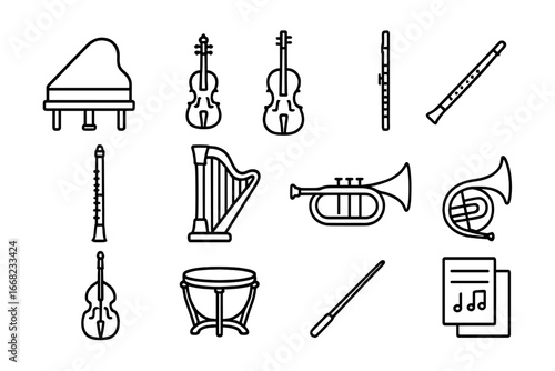 Classical Instruments Icons. Outline icon set of classical music instruments: grand piano, violin, cello,