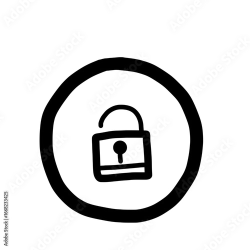 Illustration of an unlocked padlock centered within a bold black circle on a white background