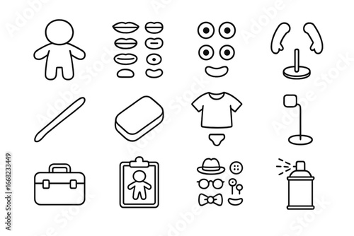 Clay Character Icon Set. Outline icon set of clay character creation: cartoon figure, clay mouth shapes, clay