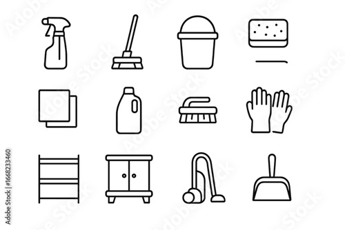 Cleaning Icons Set. Outline icon set of storing cleaning products in a designated space: spray bottle, mop,