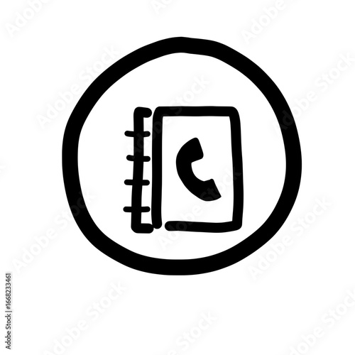 Hand drawn phone book icon inside a circle representing contact information and communication methods