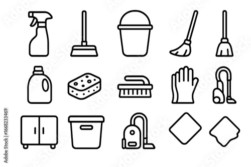 Cleaning Icons Set. Outline icon set of compact cleaning product storage: spray bottle, mop, bucket, broom,