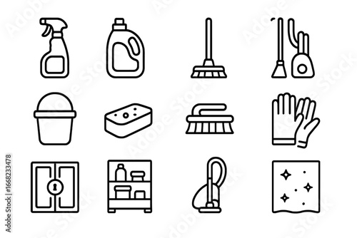 Cleaning Product Icons. Outline icon set of safe cleaning product storage: spray bottle, detergent bottle, mop