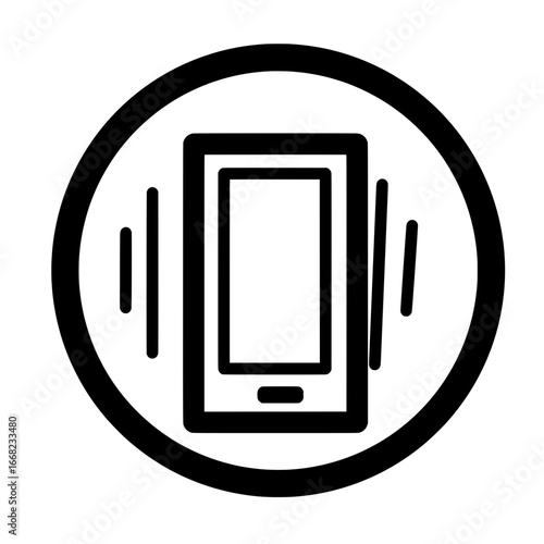 Illustration of a vibrating mobile phone inside a circle with signal lines on both sides of the phone