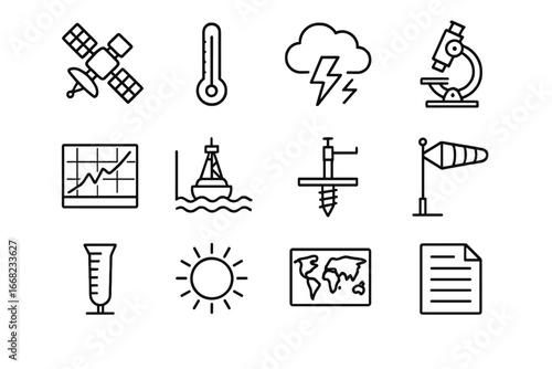Climate Science Icons. Outline icon set of climate science research: weather satellite, thermometer, storm