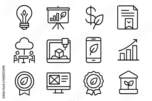 Climate Startup Icons. Outline icon set of climate-focused startups: lightbulb idea, pitch deck, green VC,
