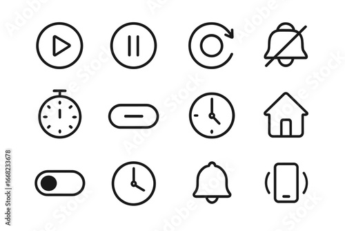 Clock App Icons. Outline vector icons of clock app UI elements: start timer, pause, reset, alarm toggle, time