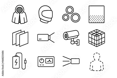 Cloaking Technology Icons. Outline icon set of cloaking technology prototypes: wearable cloak, helmet, lens