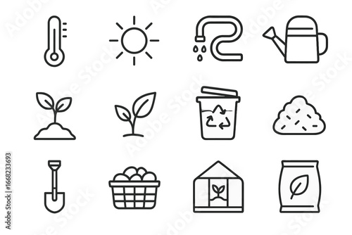 Climate-Smart Farming Icons. Outline icon set of climate-smart farming practices: thermometer, sun, irrigation