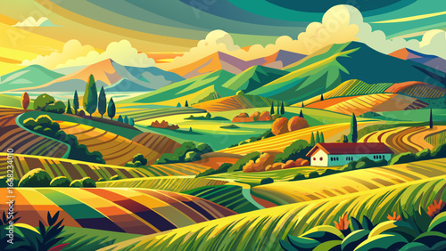 Colorful Illustration of Vibrant Agricultural Landscape
Rolling hills burst with hues of green, gold, and amber, a painterly countryside unfolds alive, pastures and meadows dance together, eternal cel