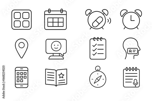 Cognitive Gadgets Icons. Outline vector icons of cognitive assistance gadgets: memory game device, digital