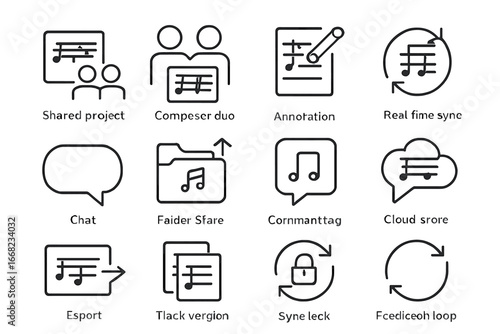 Collaborative Composition Icons. Outline icon set of collaborative composition: shared project, composer duo,
