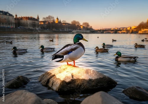 Majestic mallard duck stands on rock in lake at sunset with flock swimming peaceful evening scene illustration