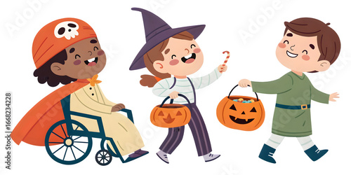 Inclusive Halloween trick-or-treat illustration with kids with disabilities