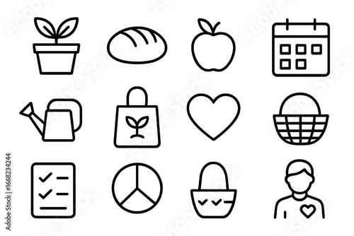 Community Garden Icons. Outline icon set of urban community gardens: plant pot, bread loaf, apple, shovel,