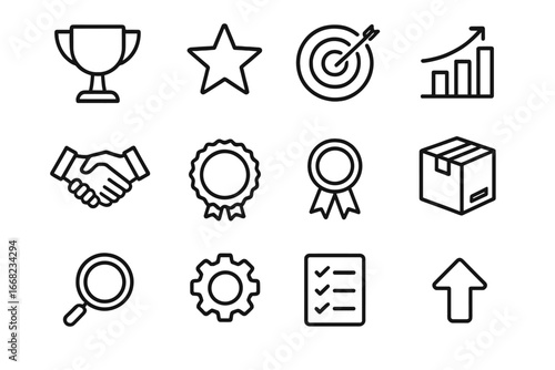 Competitive Icons Grid. Outline icon set of competitive advantage: trophy, star, target, chart, handshake,