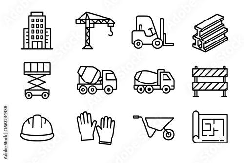 Construction Icon Set. Outline icon set of commercial building site: office tower, crane, forklift, steel