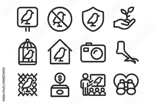 Conservation Icons Grid. Outline icon set of conservation and bird protection: bird sanctuary sign, no hunting