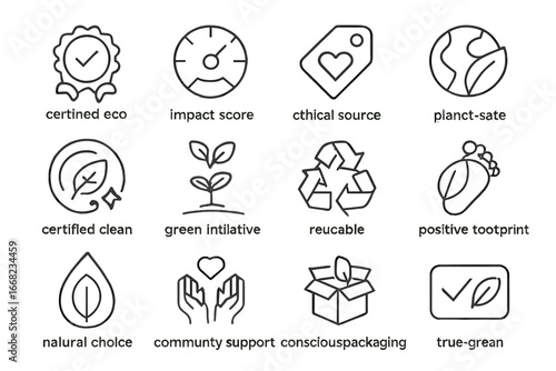 Conscious Product Icons. Outline icon set of conscious product labeling: verified eco badge, impact score icon