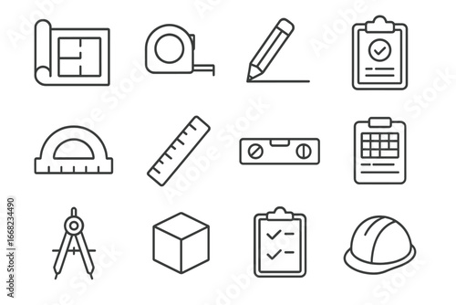 Construction Planning Icons. Outline icon set of construction planning: blueprint roll, measuring tape, pencil