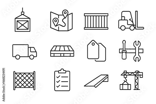 Construction Logistics Icons. Outline icon set of construction logistics: material hoist, site map, storage