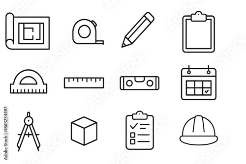 Construction Planning Icons. Outline icon set of construction planning: blueprint roll, measuring tape, pencil